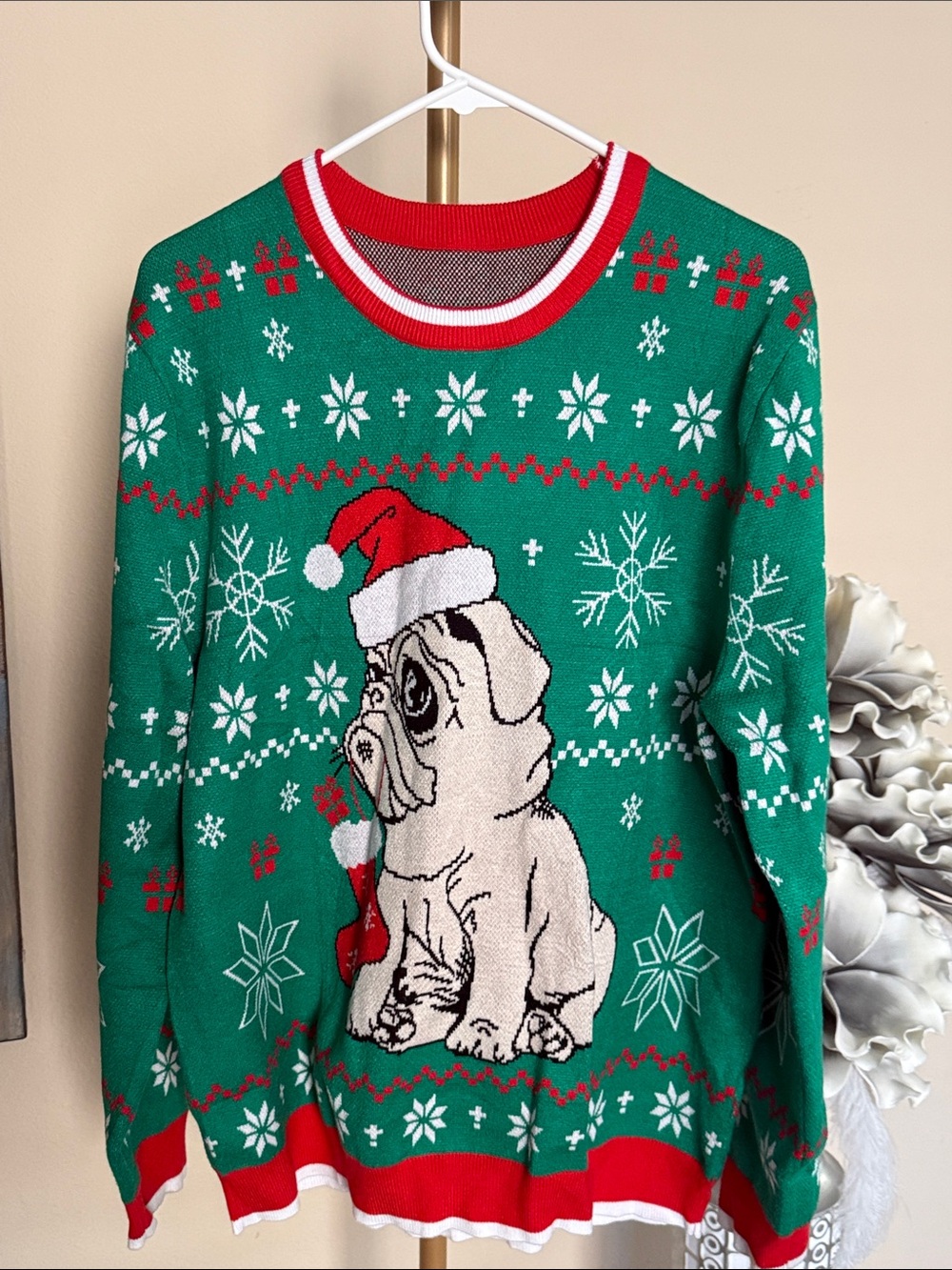 Source Unknown Green Pug Holiday Crewneck Sweater with Red Trim